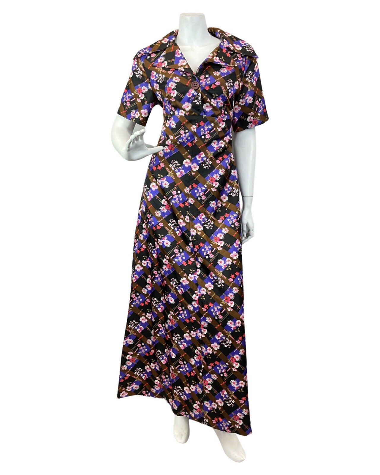 VTG 60s 70s BROWN PURPLE BLACK CHECKED FLORAL DAISY DAGGER SHIRT MAXI DRESS 12