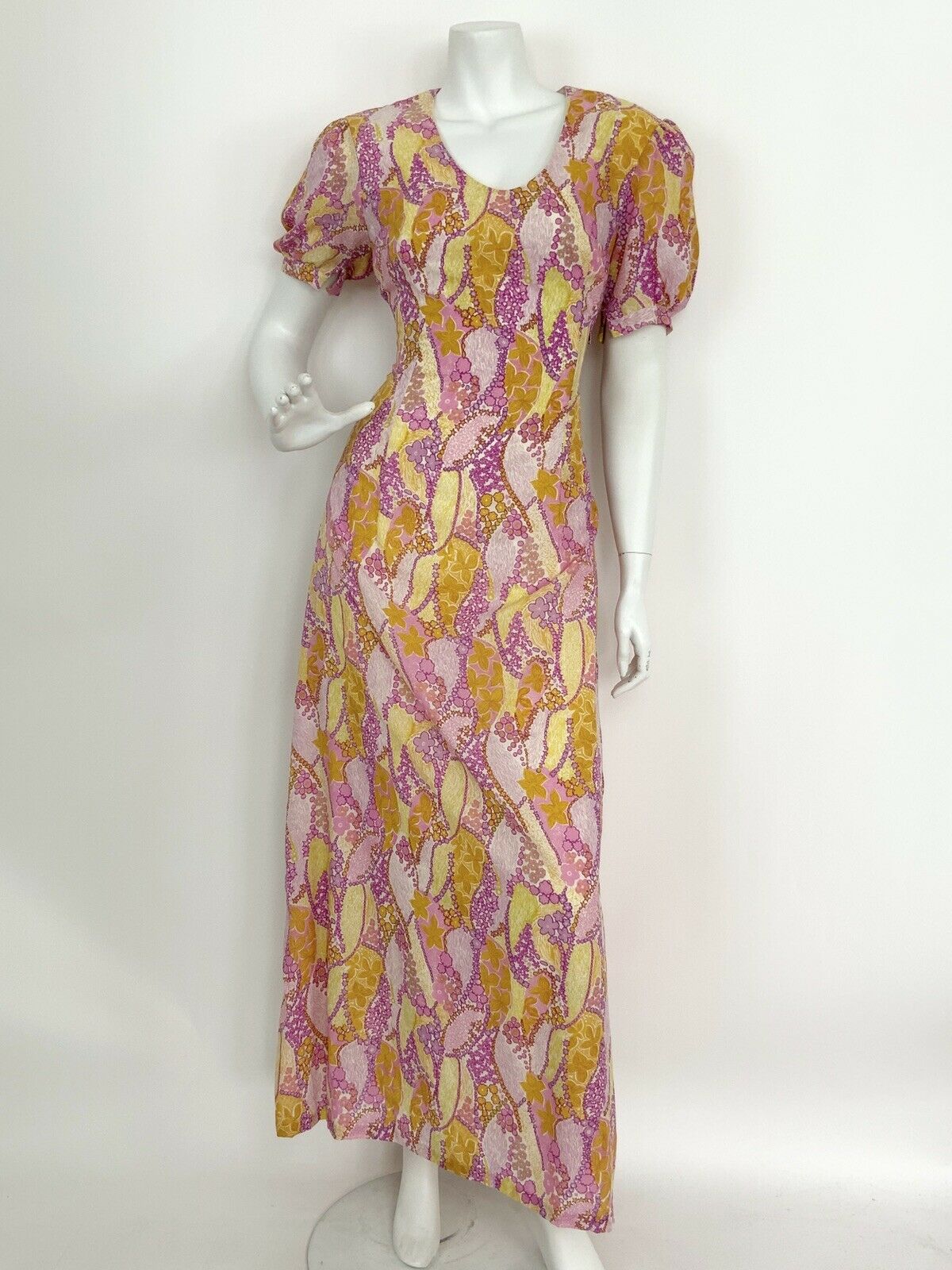 VTG PINK YELLOW PURPLE WHITE FLORAL STAR PSYCHEDELIC PUFF MAXI DRESS 10