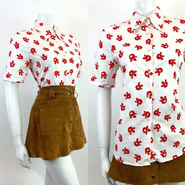 VINTAGE 60s 70s WHITE RED FLORAL ROSE MOD SHORT SLEEVE DAGGER SHIRT 10 12