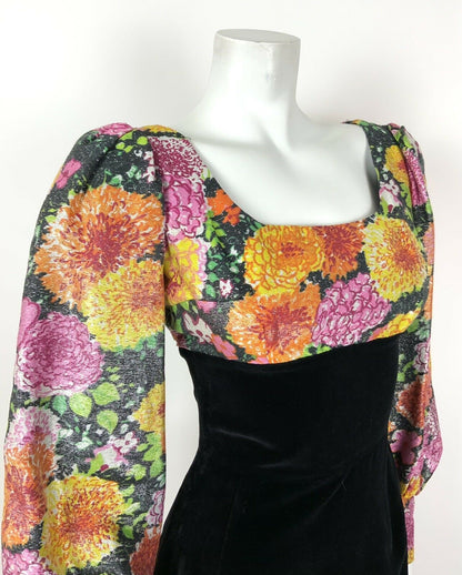 VINTAGE 60s 70s BLACK PINK ORANGE GREEN LUREX VELVET FLORAL EMPIRE LINE DRESS 8