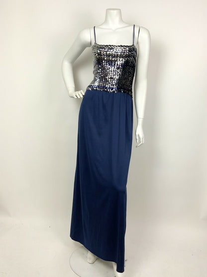 VINTAGE 60s 70s NAVY BLUE SILVER PURPLE SEQUINNED STRAPPY DISCO MAXI DRESS 12 14