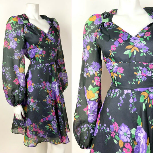 VINTAGE 60s 70s BLACK PURPLE PINK GREEN FLORAL SHEER FLOATY SWEETHEART DRESS 6 8