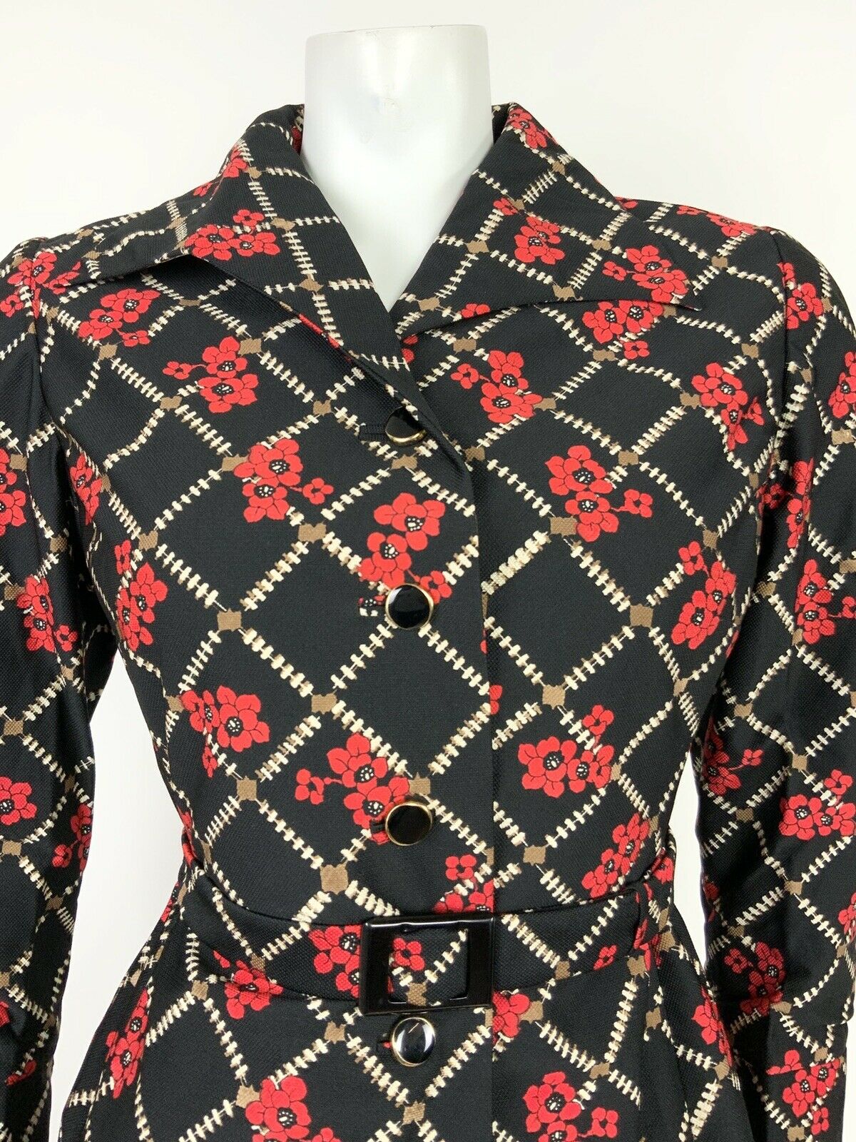 VTG 60s 70s BLACK WHITE BROWN RED GRID FLORAL POPPY WING COLLAR BELTED DRESS 12