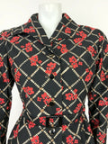 VTG 60s 70s BLACK WHITE BROWN RED GRID FLORAL POPPY WING COLLAR BELTED DRESS 12