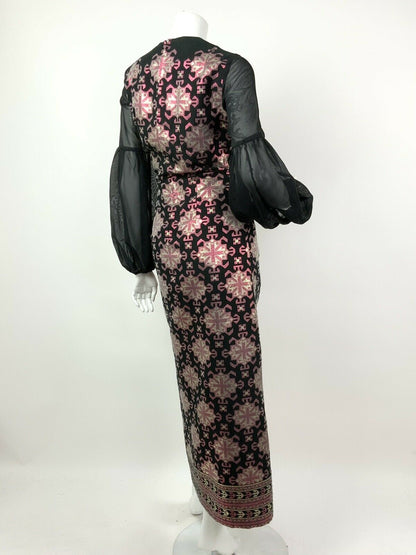 VTG 60s 70s BLACK METALLIC PINK GOLD AZTEC GEOMETRIC SHEER MAXI DRESS 10