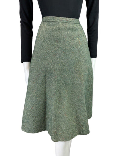 VINTAGE 60s 70s GREEN TWEED BOUCLE WOOL SWING MIDI SKIRT 8