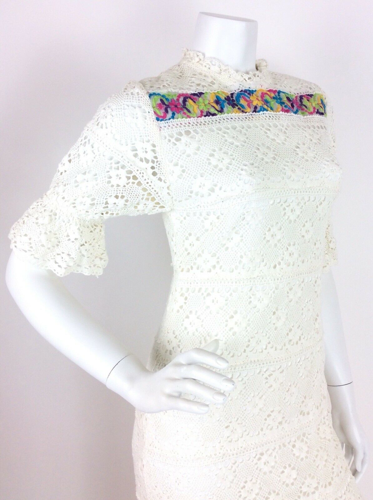 VTG 60S 70S WHITE CREAM EMBROIDERED CROCHET MAXI DRESS 6 8