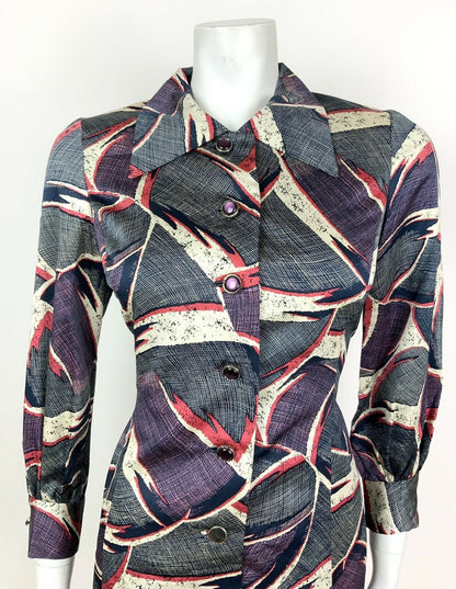 VINTAGE 60s 70s BLUE WHITE RED PINK ABSTRACT PSYCHEDELIC DAGGER SHIRT DRESS 12