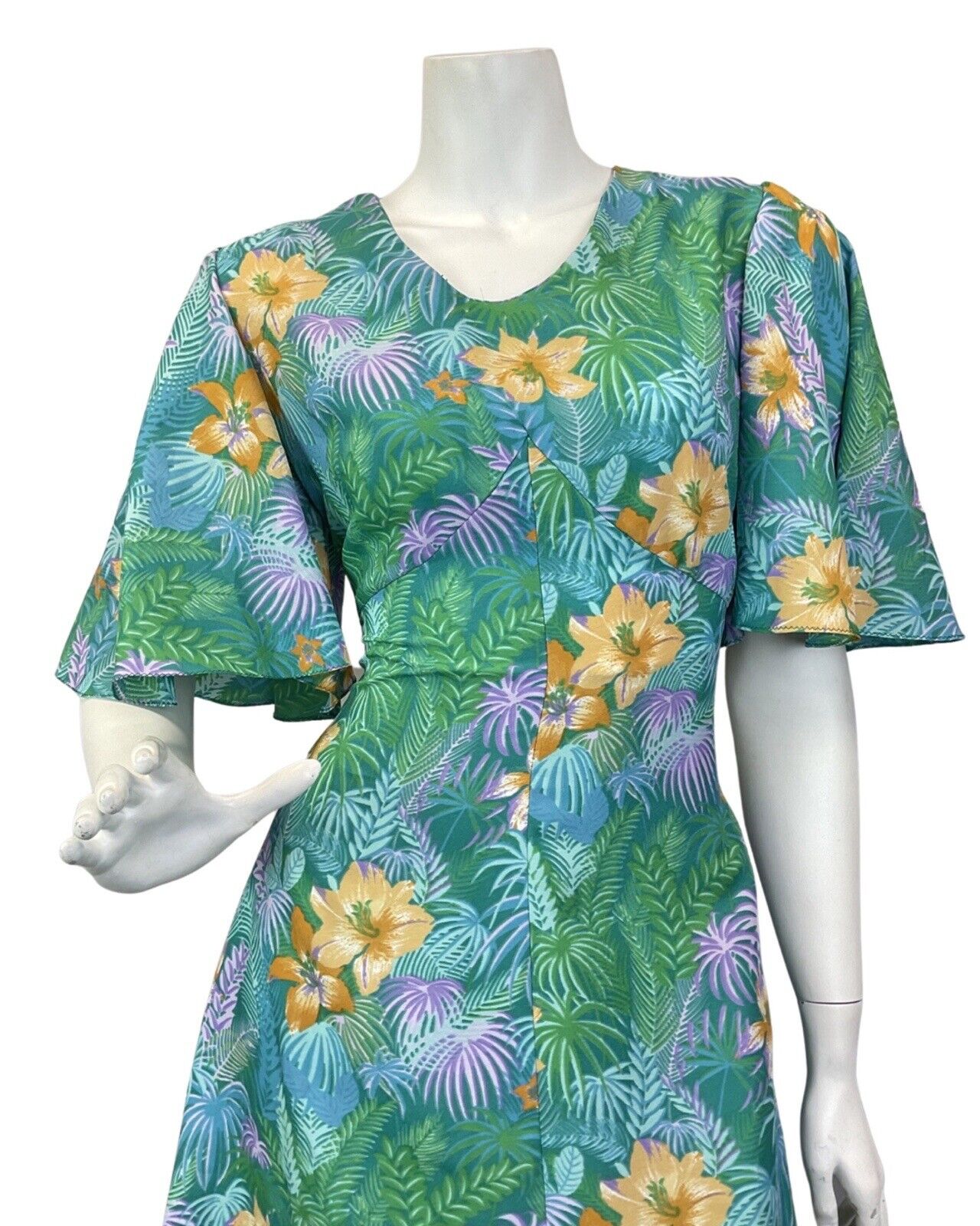 VTG 60s 70s GREEN BLUE YELLOW HAWAIIAN FLORAL PALM LEAVES TROPICAL MAXI DRESS 10