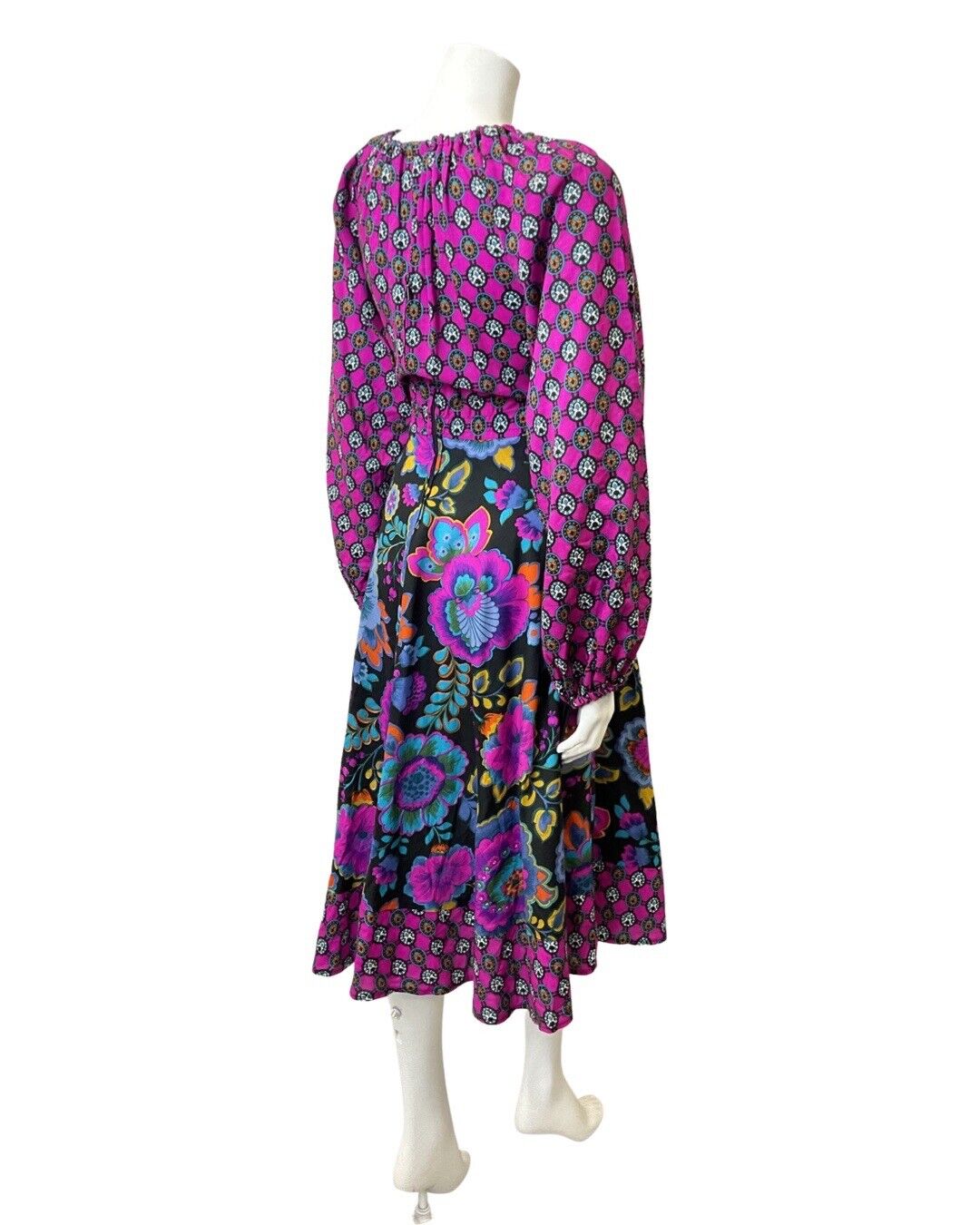 VINTAGE 60s 70s PURPLE BLACK BLUE PSYCHEDELIC FLORAL BOHO PRAIRIE MIDI DRESS 12