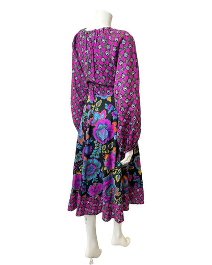 VINTAGE 60s 70s PURPLE BLACK BLUE PSYCHEDELIC FLORAL BOHO PRAIRIE MIDI DRESS 12