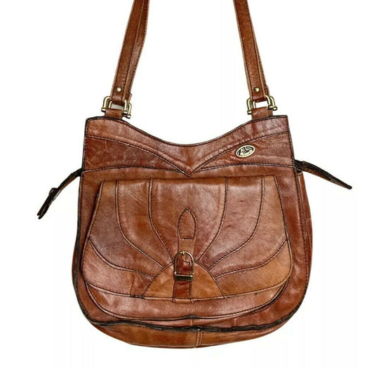 VINTAGE 70s CINNAMON BROWN BLACK LEATHER ART DECO BOHO MOD SHOULDER BAG