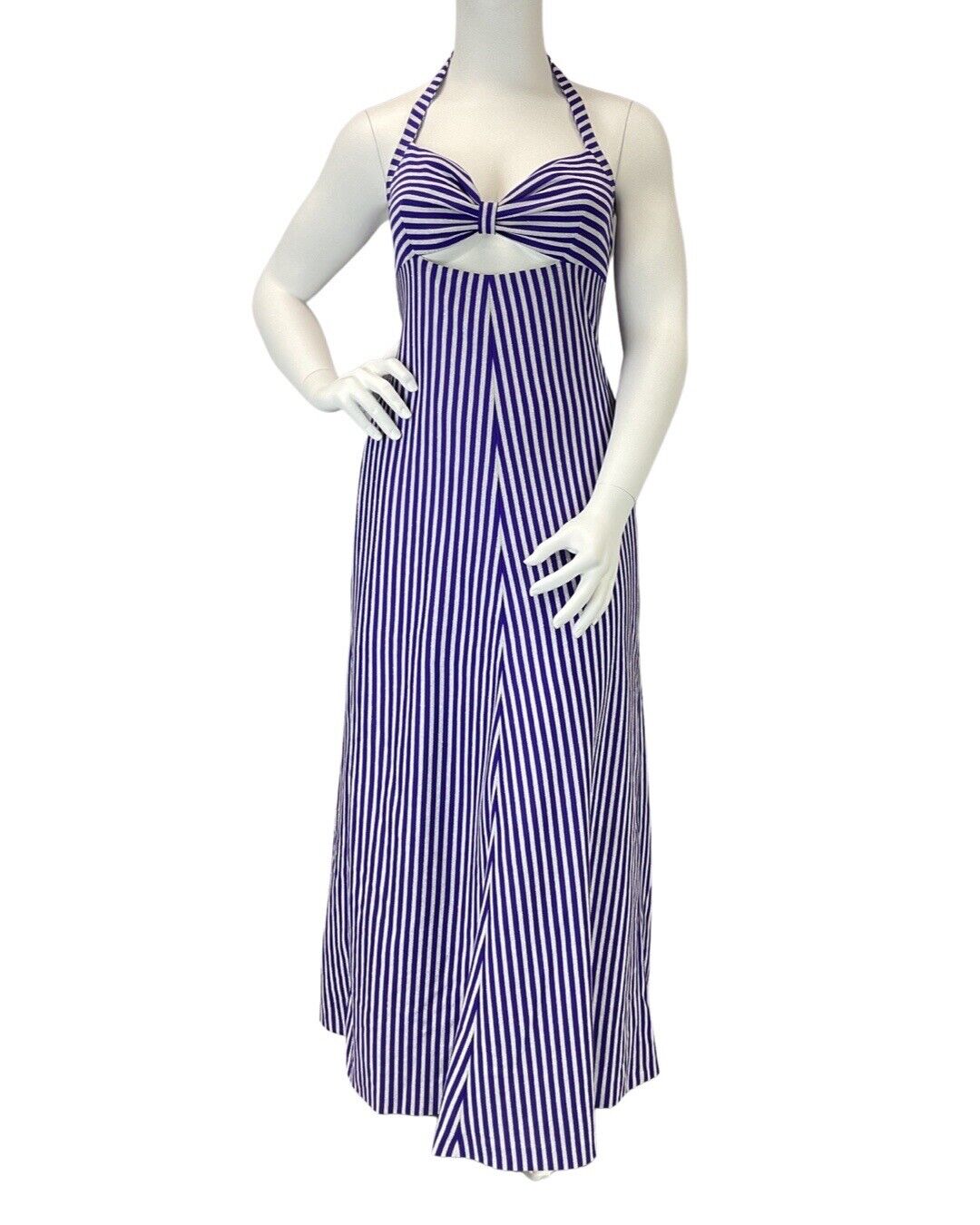 VINTAGE 60s 70s PURPLE SILVER STRIPED CUT-OUT DISCO PARTY HALTER MAXI DRESS 14