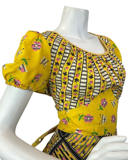 VTG 60s 70s YELLOW BLACK PINK PATCHWORK FLORAL BUTTERFLY MOD FOLK MAXI DRESS 14