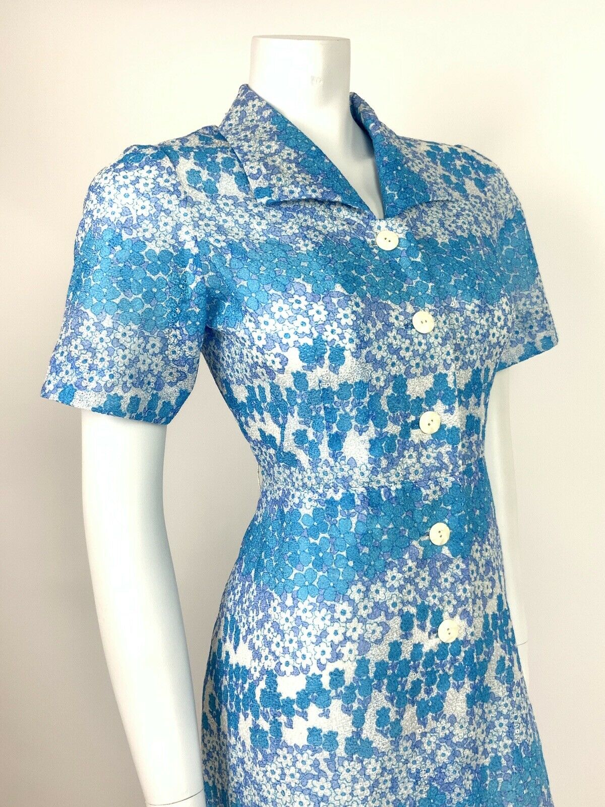 VTG 60s 70s BLUE WHITE DAISY FLORAL LACE BRODERIE SHIRT DRESS SUMMER 10 12