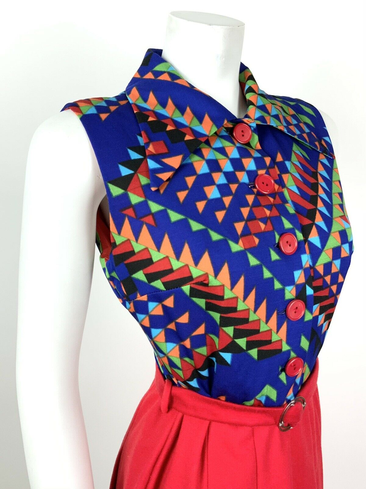 VTG 60s 70s MOD RED BLUE GREEN ORANGE GEOMETRIC BELTED PLEATED DRESS 10 12