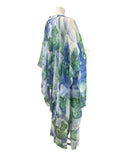 VINTAGE 60s 70s BLUE GREEN WHITE PSYCHEDELIC SHEER BOHO CAPE SLEEVE MAXI DRESS 8
