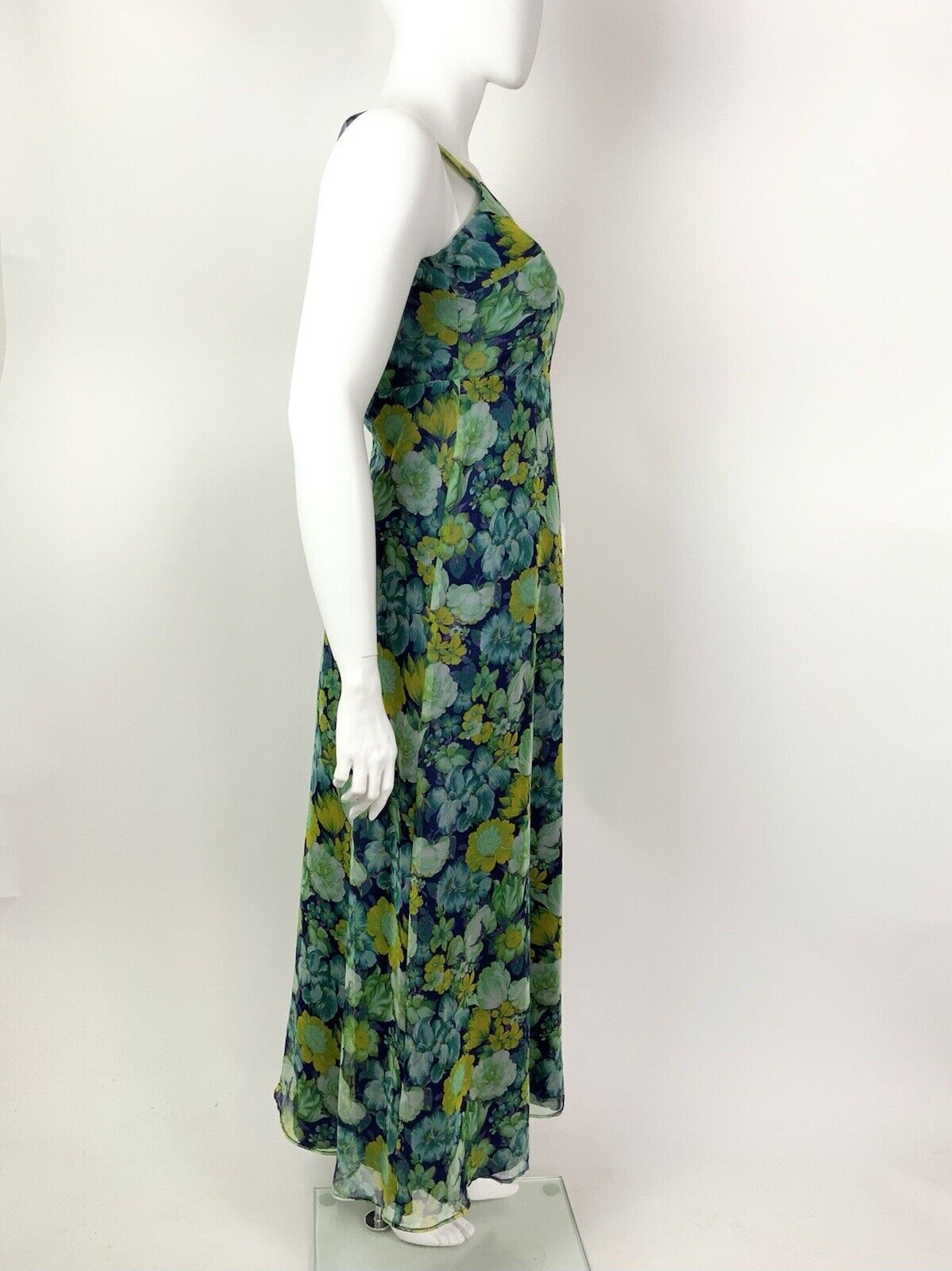 VINTAGE 60s 70s BLUE GREEN PURPLE FLORAL SHEER SWEETHEART MAXI DRESS 12