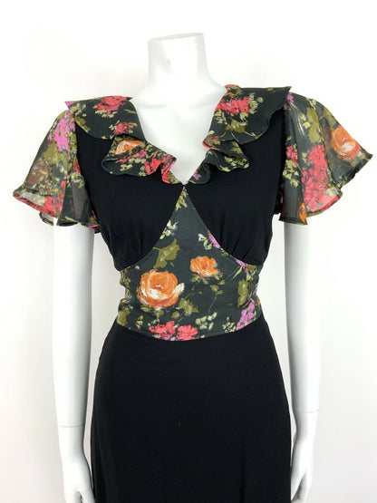 VINTAGE 60s 70s BLACK FLORAL DRESS A-LINE RUFFLE GREEN ORANGE RED 8 10