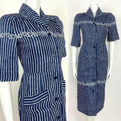 VINTAGE 60s 70s NAVY BLUE WHITE ROPE KNOT SHIRT WAIST DRESS 8 10