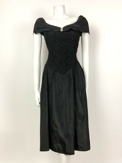 VINTAGE 50s 60s BLACK SILVER FLORAL LACE COCKTAIL PARTY DRESS 8 10