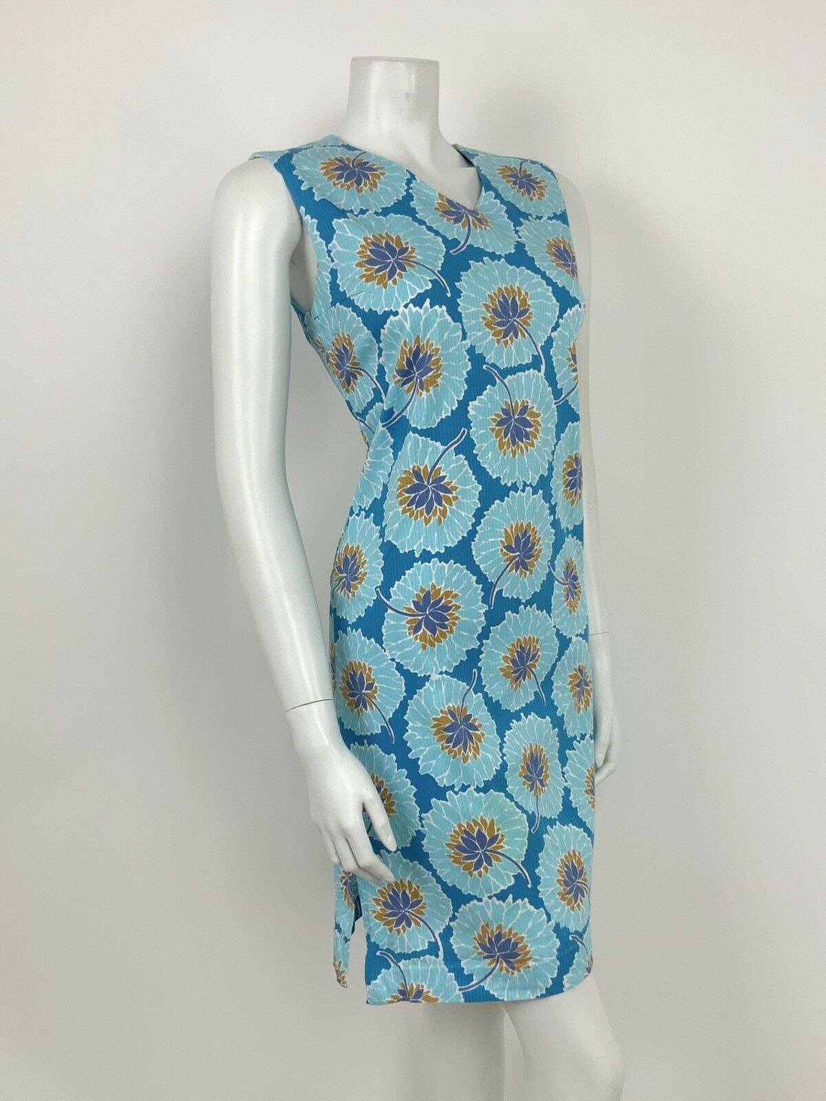 VINTAGE 60s 70s BLUE WHITE GOLD FLORAL SLEEVELESS A-LINE DRESS 8 10