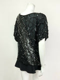 VINTAGE 70s 80s BLACK WHITE SEQUIN BEADED PEARL DISCO PARTY BLOUSE TOP 12 14 16