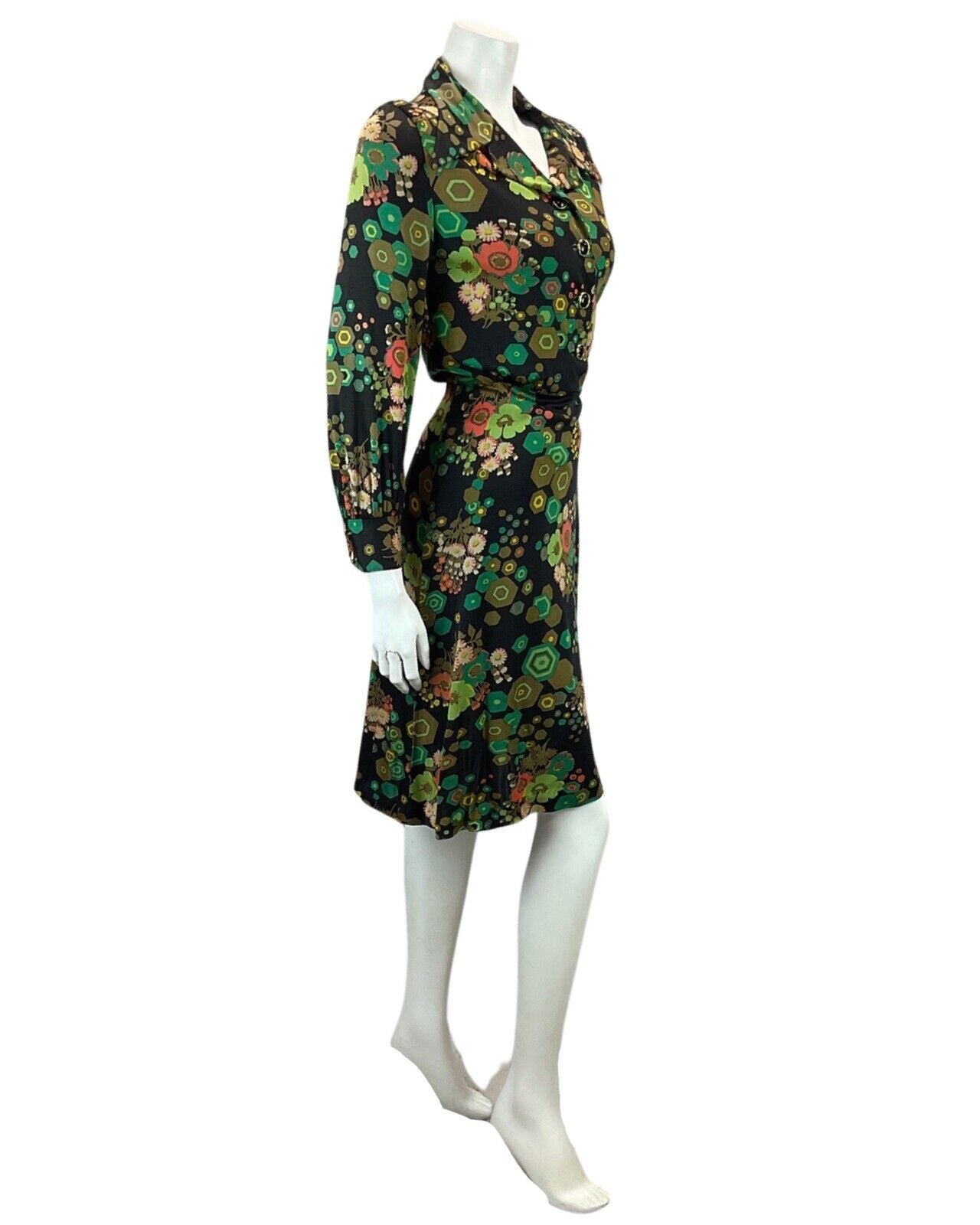 VINTAGE 60s 70s BLACK GREEN ORANGE FLORAL ABSTRACT PRINT MOD MIDI DRESS 14