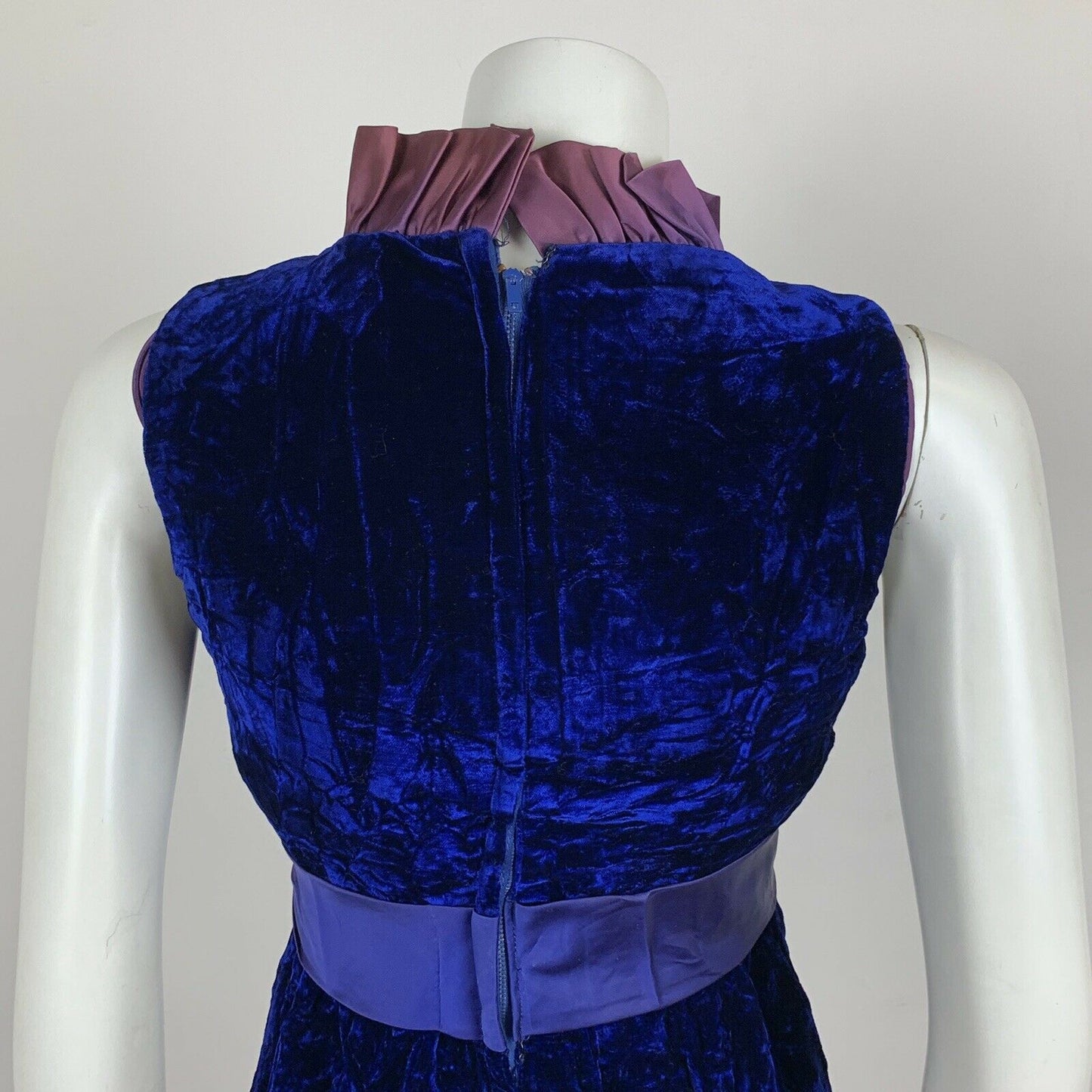 VINTAGE 60S BLUE PURPLE CRUSHED VELVET TAFETTA BOW PARTY DRESS 6