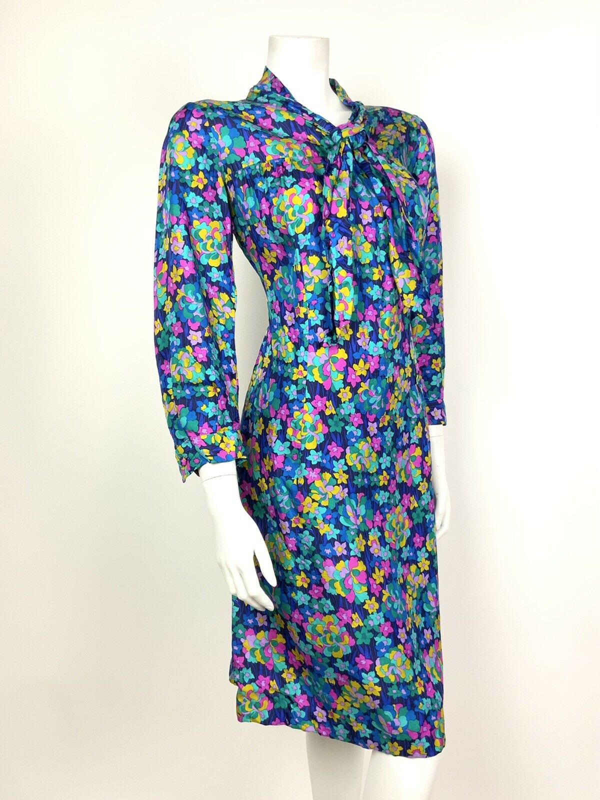 VTG 60s 70s BLUE YELLOW PINK GREEN PSYCHEDELIC FLORAL EMPIRE LINE DRESS 12 14