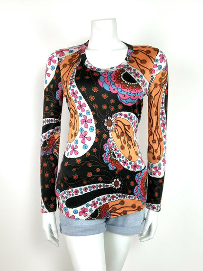 VINTAGE 70s PSYCHEDELIC TOP FLORAL NEON ACID ORANGE BLACK BLUE PINK 12 14