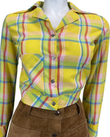 VTG 60s 70s YELLOW RED BLUE CHECKED WESTERN DAGGAR COLLAR CROPPED SHIRT 10 12