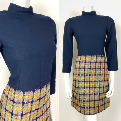 VINTAGE 60s 70s BLUE WHITE YELLOW RED CHECKED CIRCLE GEOMETRIC SHIFT DRESS 8