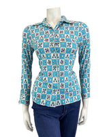 VINTAGE 60s 70s BLUE WHITE FLORAL GOLFING CHECKERBOARD FITTED BLOUSE SHIRT 8