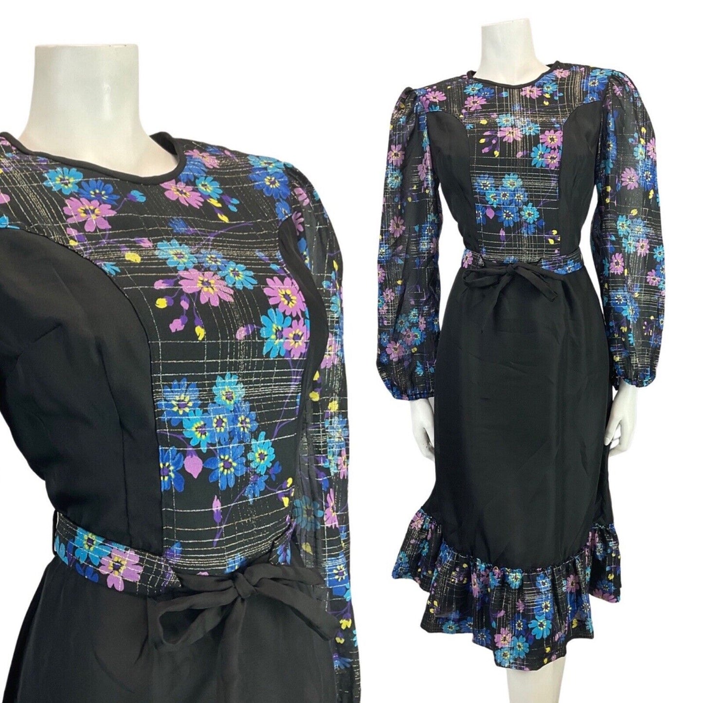 VINTAGE 60s 70s BLACK BLUE PINK DAISY FLOWER GRID SHEER BOHO MIDI DRESS 10