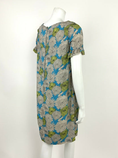 VTG 60s 70s BLUE LIME GREEN CHRYSANTHEMUM  FLORAL PSYCHEDELIC SHIFT DRESS 10 12