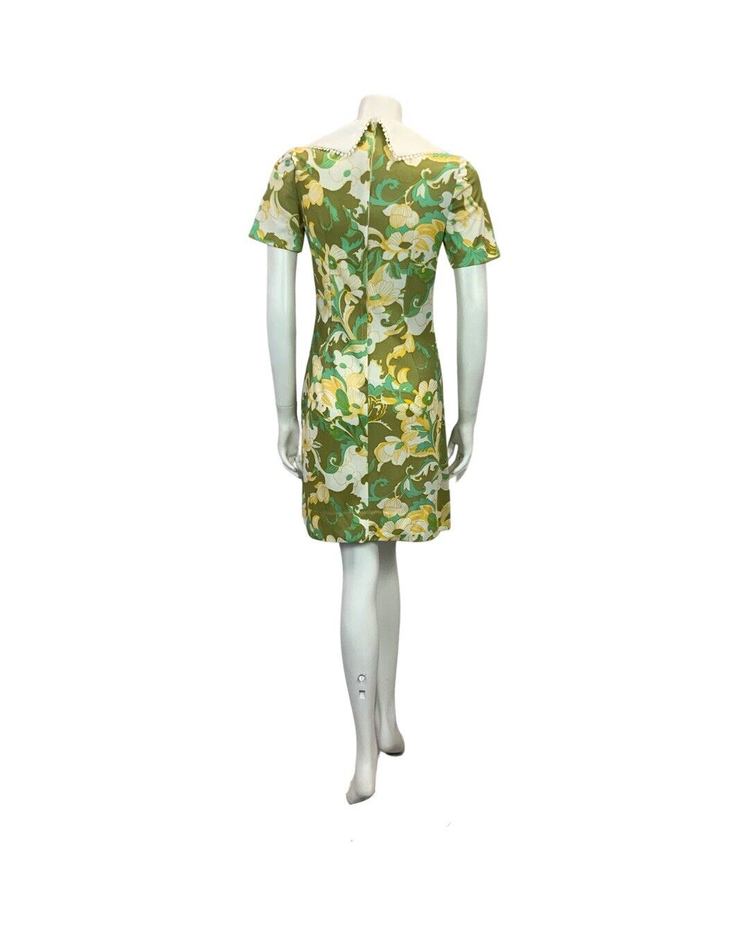 VINTAGE 60s 70s OLIVE GREEN TURQUOISE ORANGE FLORAL PRINT MINI DRESS 8 10