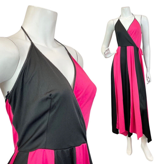 VINTAGE 70s NEON PINK BLACK DISCO STRAPPY HALTER MAXI DRESS 8