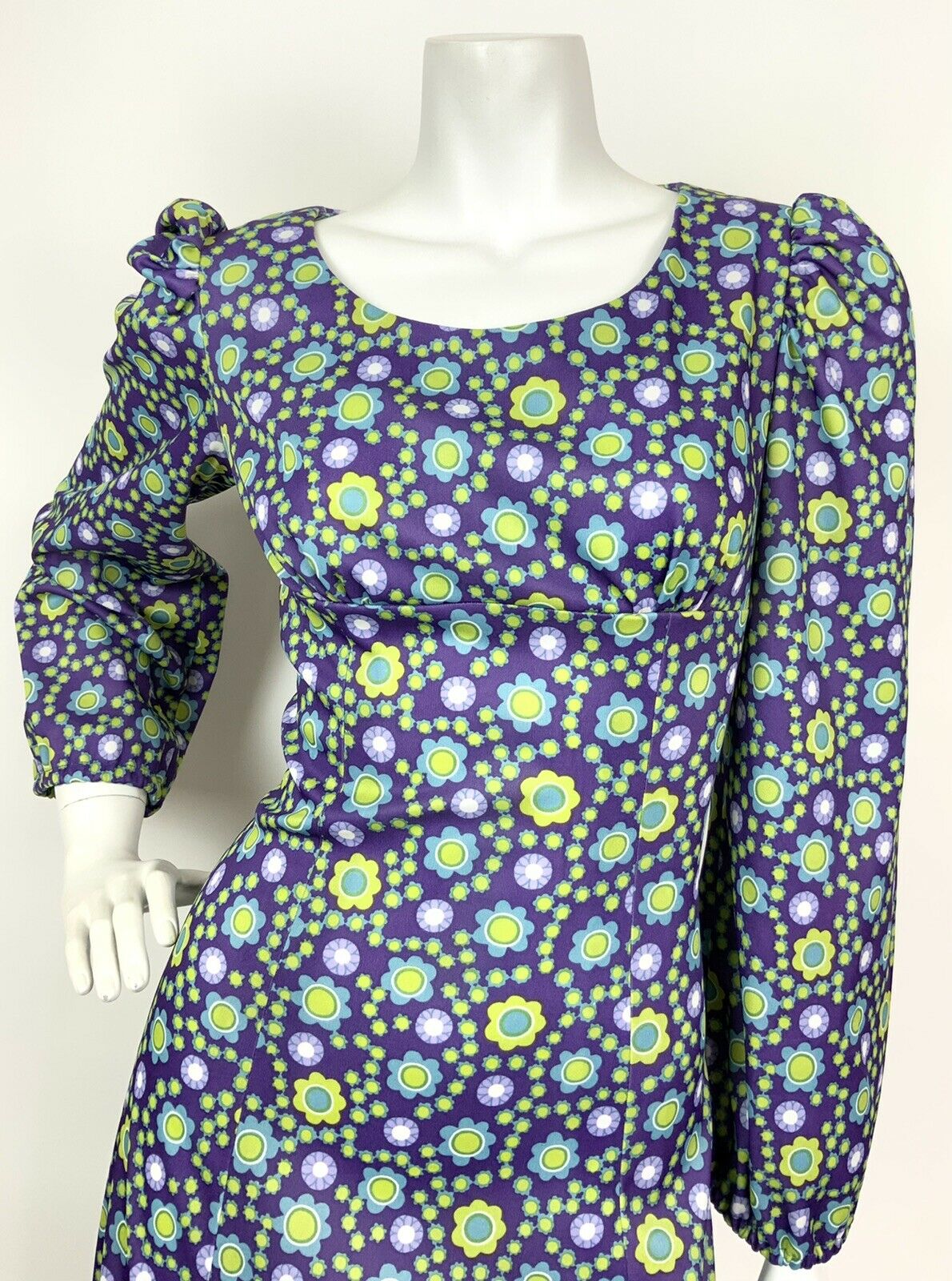 VTG 60s 70s PURPLE DAISY LIME GREEN BLUE PSYCHEDELIC FLORAL MAXI DRESS 8 10