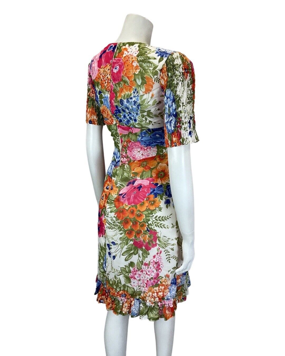 VINTAGE 60s 70s WHITE ORANGE PINK FLORAL MOD EMPIRE LINE MIDI DRESS 10