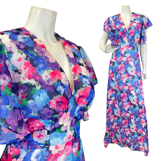 VINTAGE 60s 70s PURPLE BLUE PINK FLORAL PSYCHEDELIC FLOATY MAXI DRESS 10 12