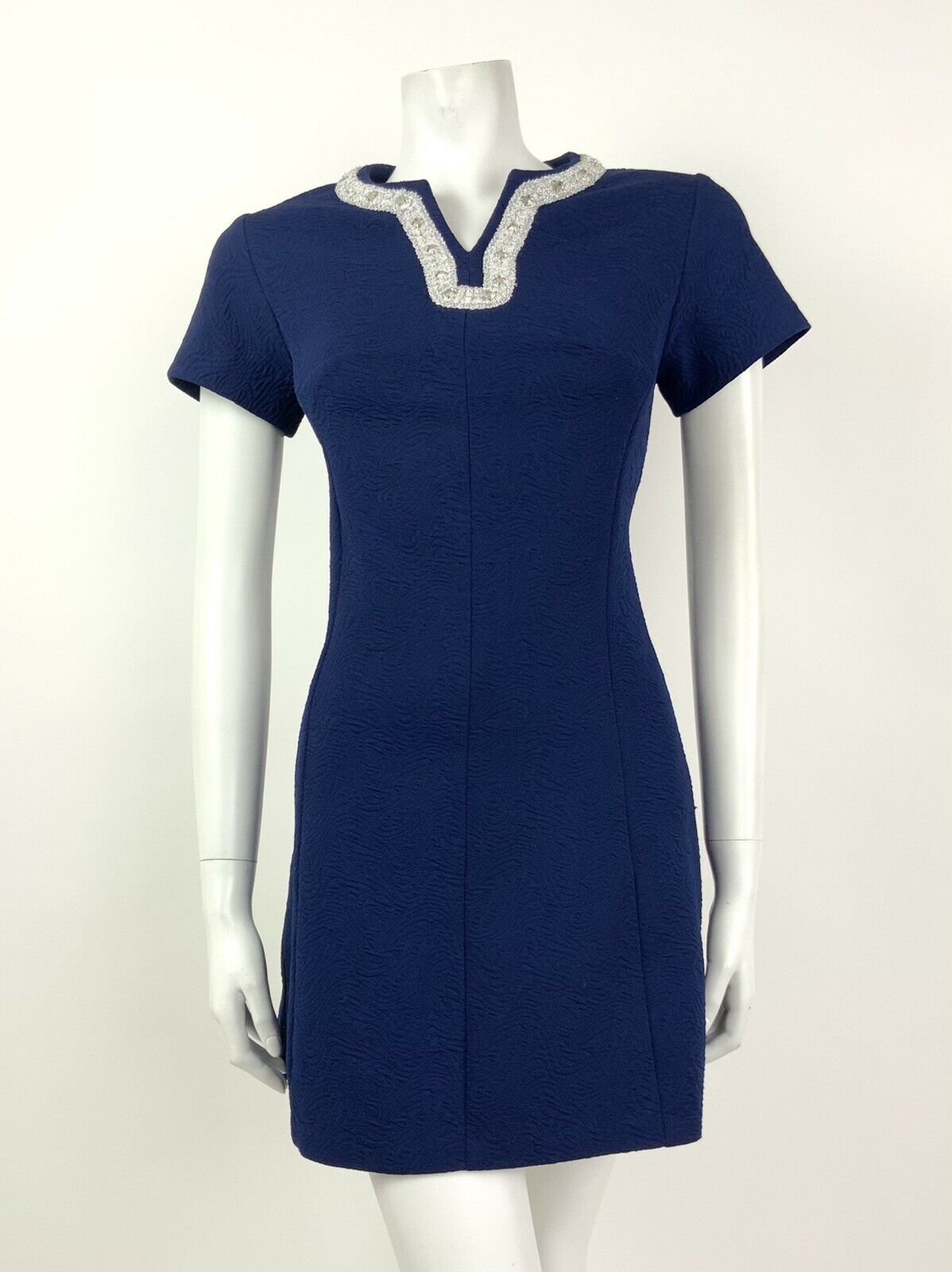 VINTAGE 60s 70s NAVY BLUE SILVER DIAMANTE WHITE TRIM SHORT DRESS 8 10