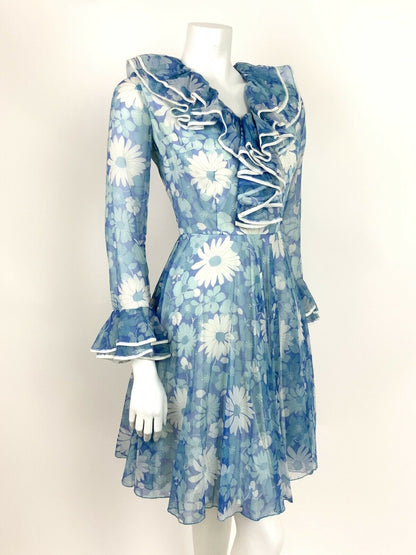 VTG 60s 70s FLORAL BLUE WHITE JABOT RUFFLE FLOUNCE SLEEVE SUMMER DRESS 8 10