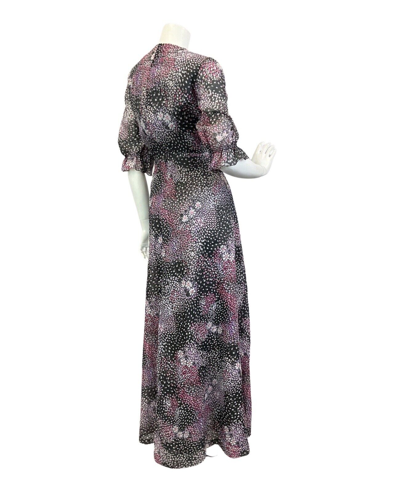 VINTAGE 60s 70s BLACK PURPLE WHITE DITSY FLOWER DAISY SHEER SUMMER MAXI DRESS 16