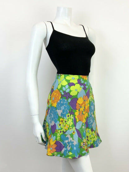 VINTAGE 60s 70s GREEN BLUE PURPLE YELLOW FLORAL PSYCHEDELIC MOD SKIRT 6 8