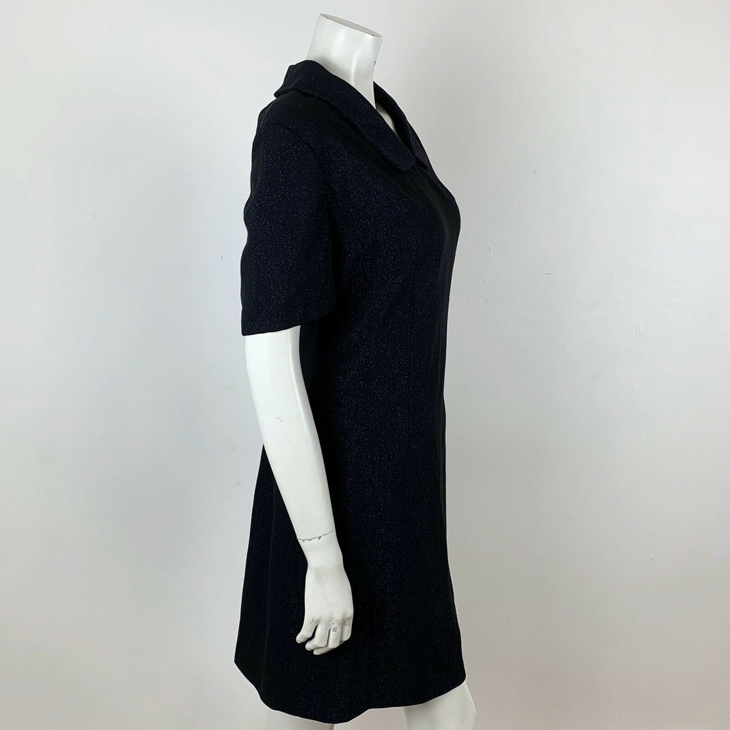 VINTAGE 60S BLACK BLUE GLITTER PETER PAN COLLAR DRESS 12