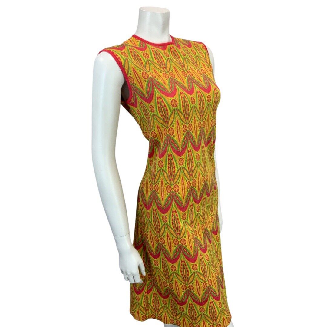 VINTAGE 60s 70s YELLOW ORANGE PINK GREEN FUNKY PRINT KNITTED MIDI MOD DRESS 14