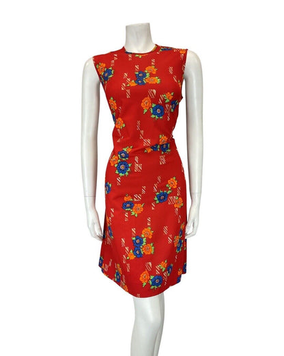 VINTAGE 60s 70s PILLARBOX RED BLUE FLORAL MOD SLEEVELESS SHORT DRESS 10 12