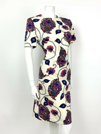 VTG 60s 70s CREAM PINK PURPLE BLUE FLORAL PAISLEY PSYCHEDELIC SHIFT DRESS 12 14