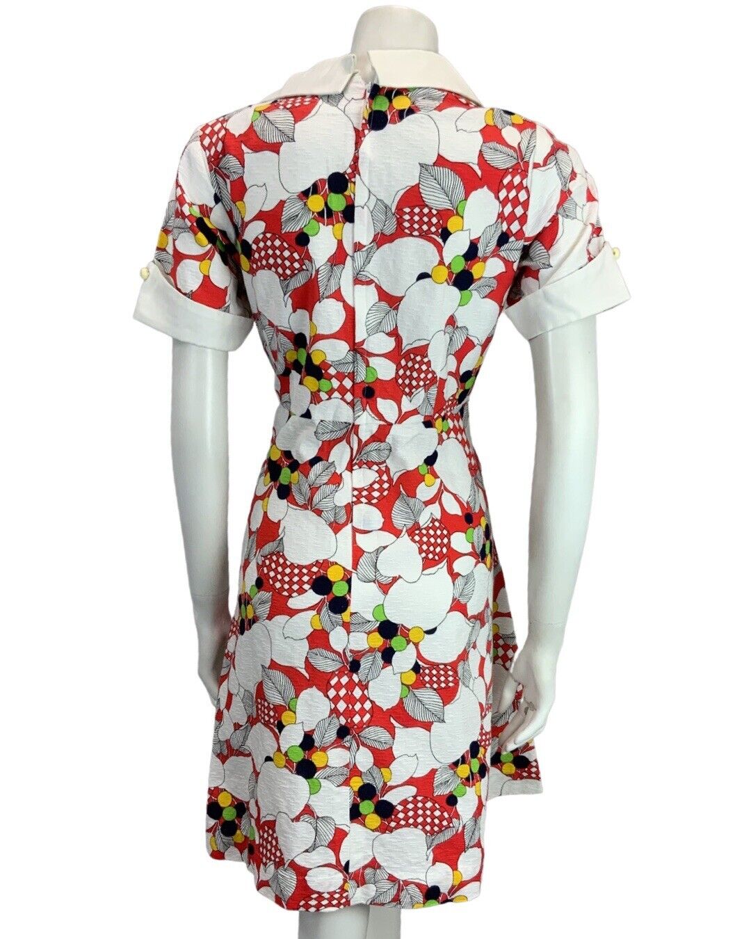 VINTAGE  WHITE RED NAVY BLUE YELLOW GREEN FLORAL PRINT MIDI MOD DRESS 12